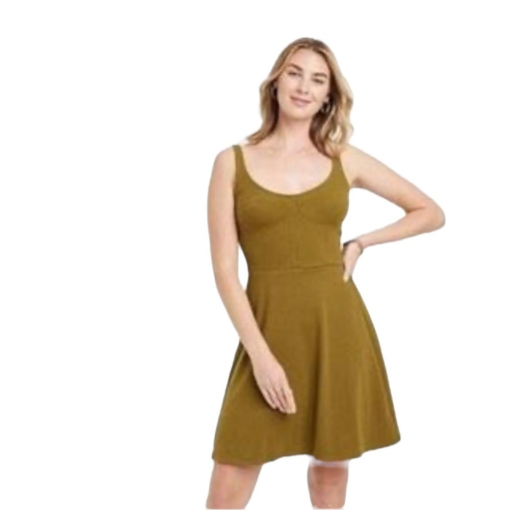 Universal Thread Olive Green Fit & Flare Sleeveless Ribbed Knit Mini Dress Large